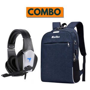 COMBO Mochila Anti-robo con candado KVM-339 Azul + Auricular Gamer KOLKE Zeus KGA-480